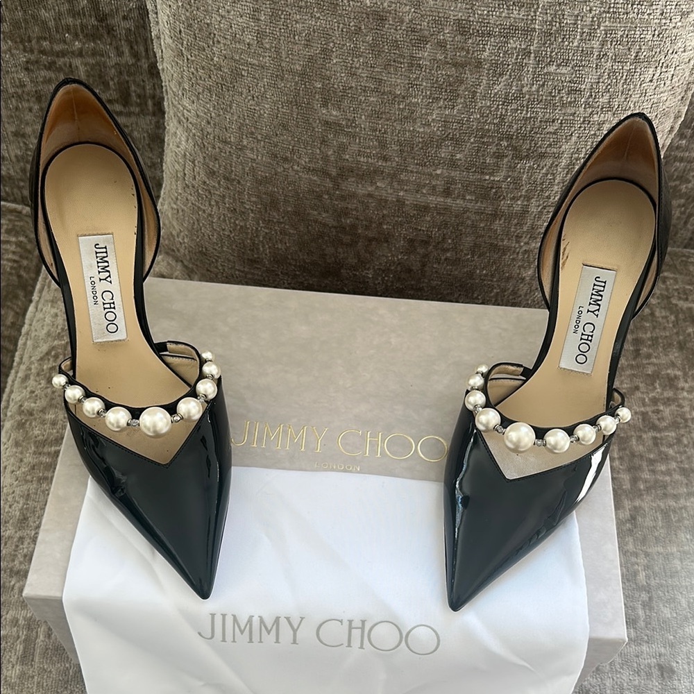 Jimmy Choo Black Patent Heels with Pearl Detail worn once. Size 37.